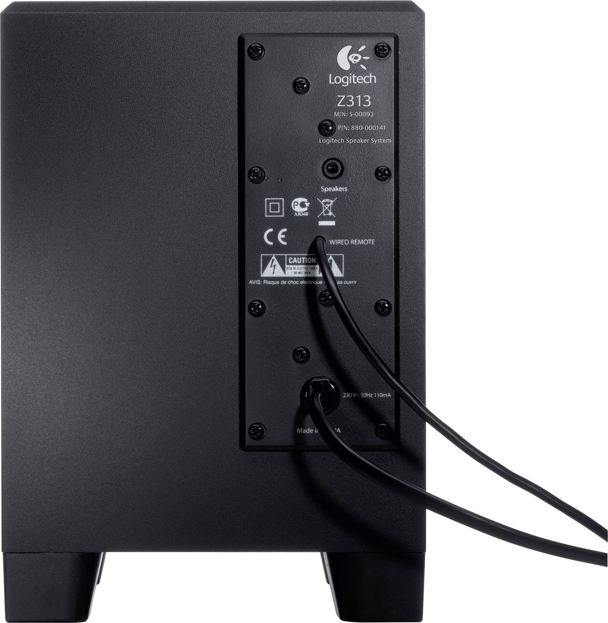 Retro di un altoparlante nero con due cavi, con nome del modello e del produttore visibili. Connettori e etichette sono evidenti.