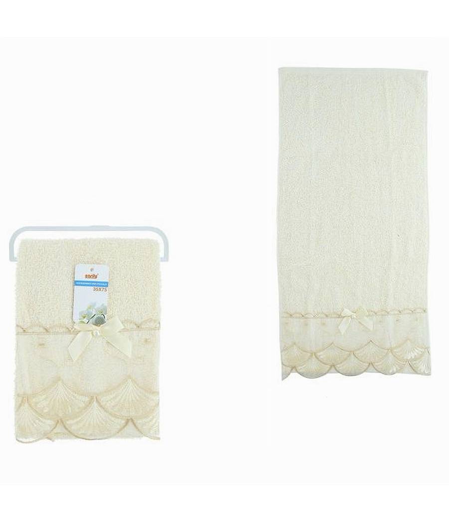 Asciugamano Bagno Viso Piccolo Cotone Morbido Decorato 35x75cm Beige Chiaro 79502 --0