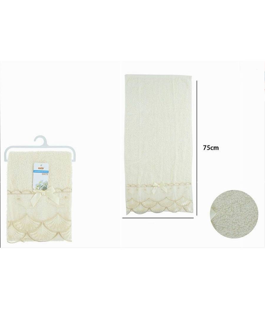 Asciugamano Bagno Viso Piccolo Cotone Morbido Decorato 35x75cm Beige Chiaro 79502 --1