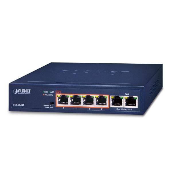 PLANET 4 porte 10/100TX 802.3at POE Fast Ethernet non gestito (10/100) Power over Ethernet (PoE) Blu (FSD-604HP-SD)-0