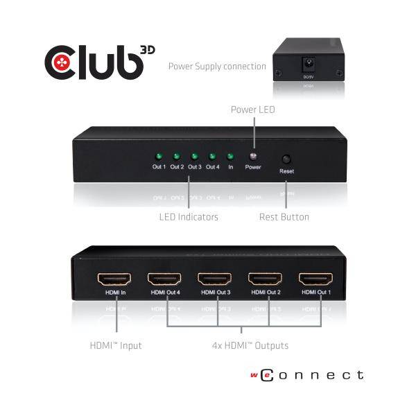 CLUB3D CSV-1380 HDMI 2.0 SPLITTER 4 PORTE HDMI 2.0 4K UHD 60Hz BLACK-2