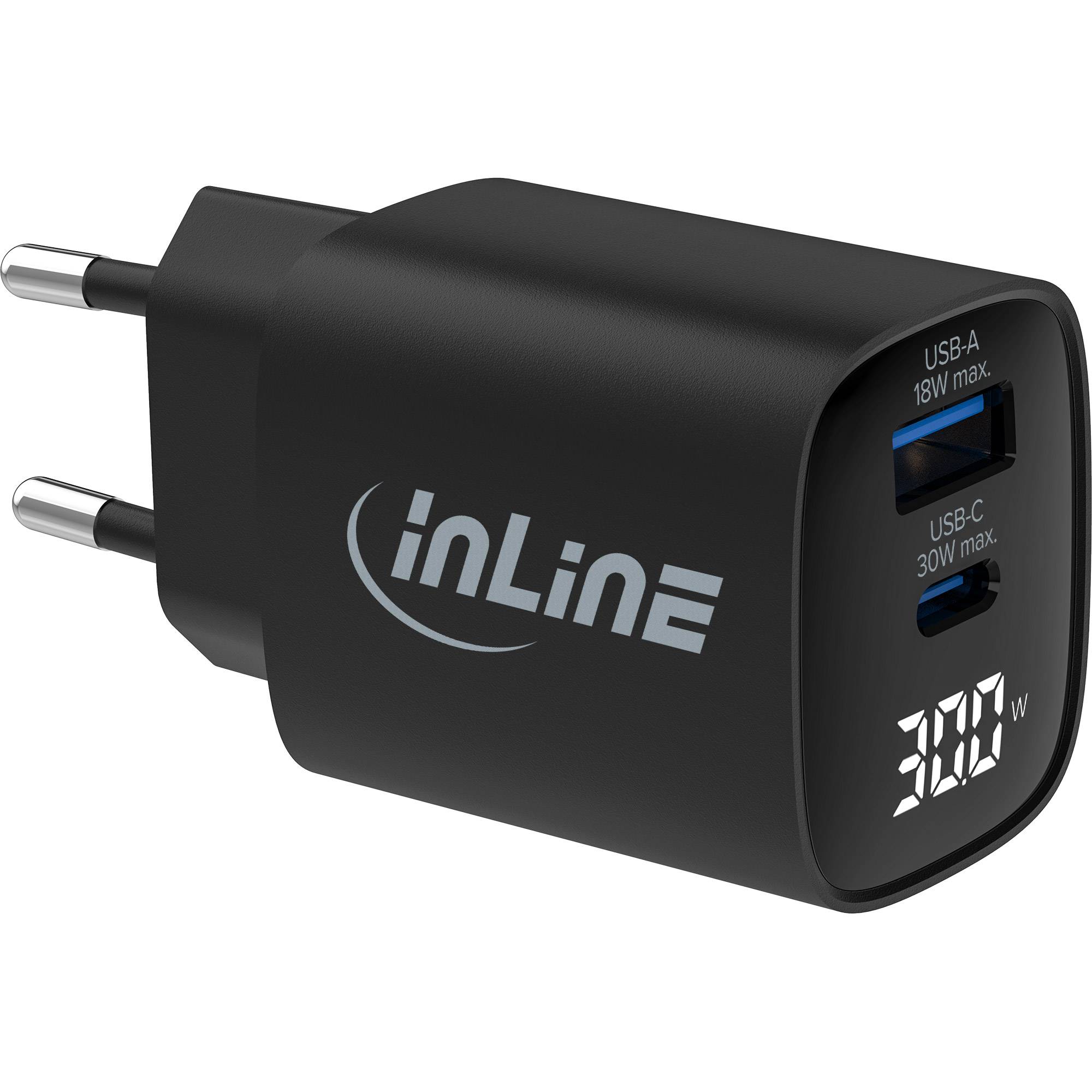 InLine Alimentatore USB PD caricatore GaN 2 porte USB-C USB-A 30W display-0
