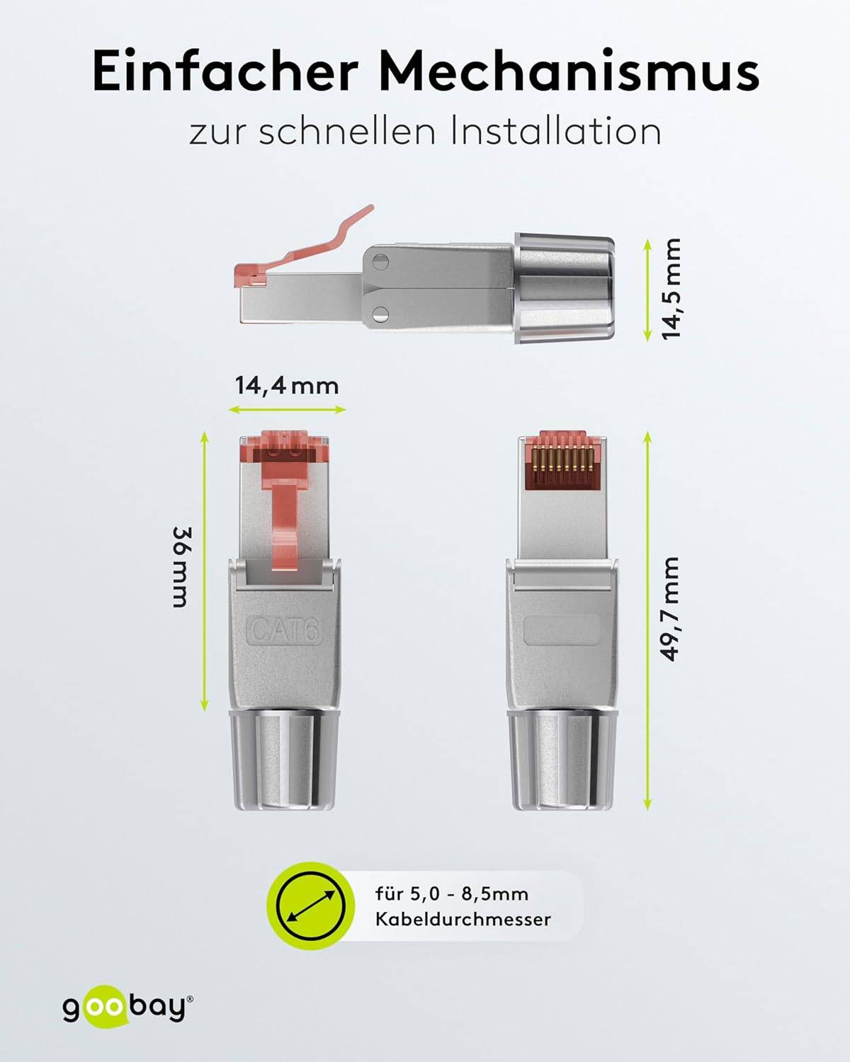 Goobay CAT 6 connettore RJ45 schermato STP, per montaggio senza attrezzi per cavi di diametro 5,0-8,5 mm, con tappo a v-2