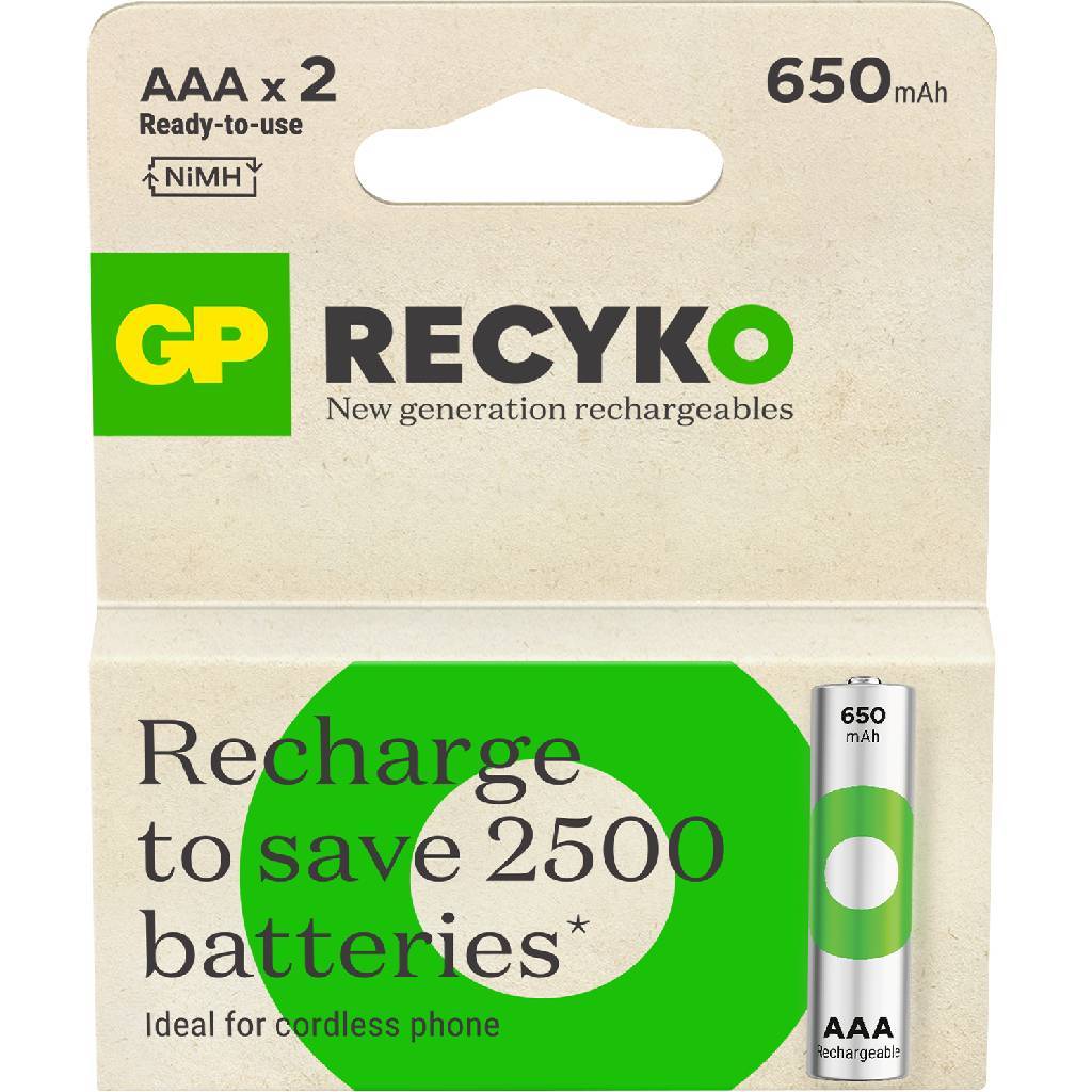 GP Battery Recyko Batteria Ricaricabile 1,5V Mini Stilo AAA 650mAh (Confezione 2 Pezzi)-0
