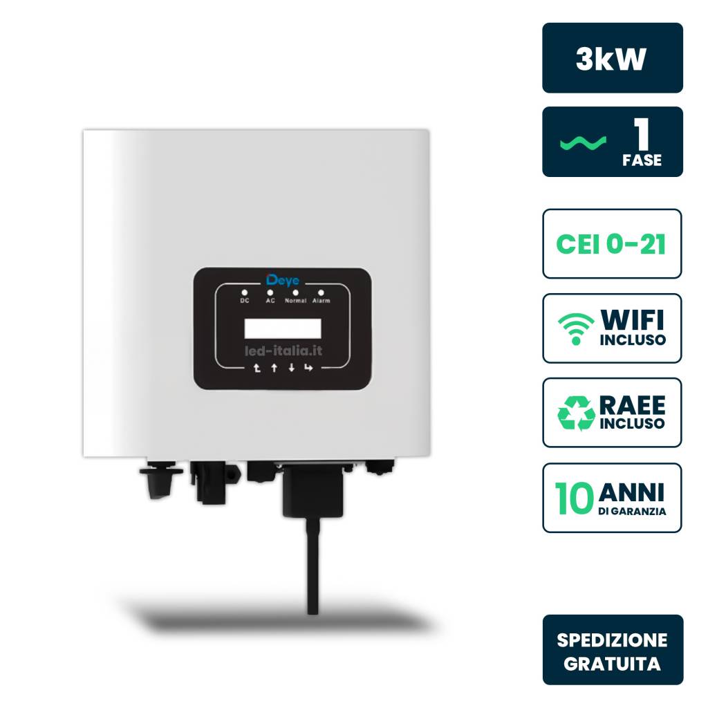 Inverter Fotovoltaico di Rete Monofase Deye 3kW, MPPT*1, CEI 0-21 con Schermo LCD, WIFI, Garanzia 10 Anni IP65-0