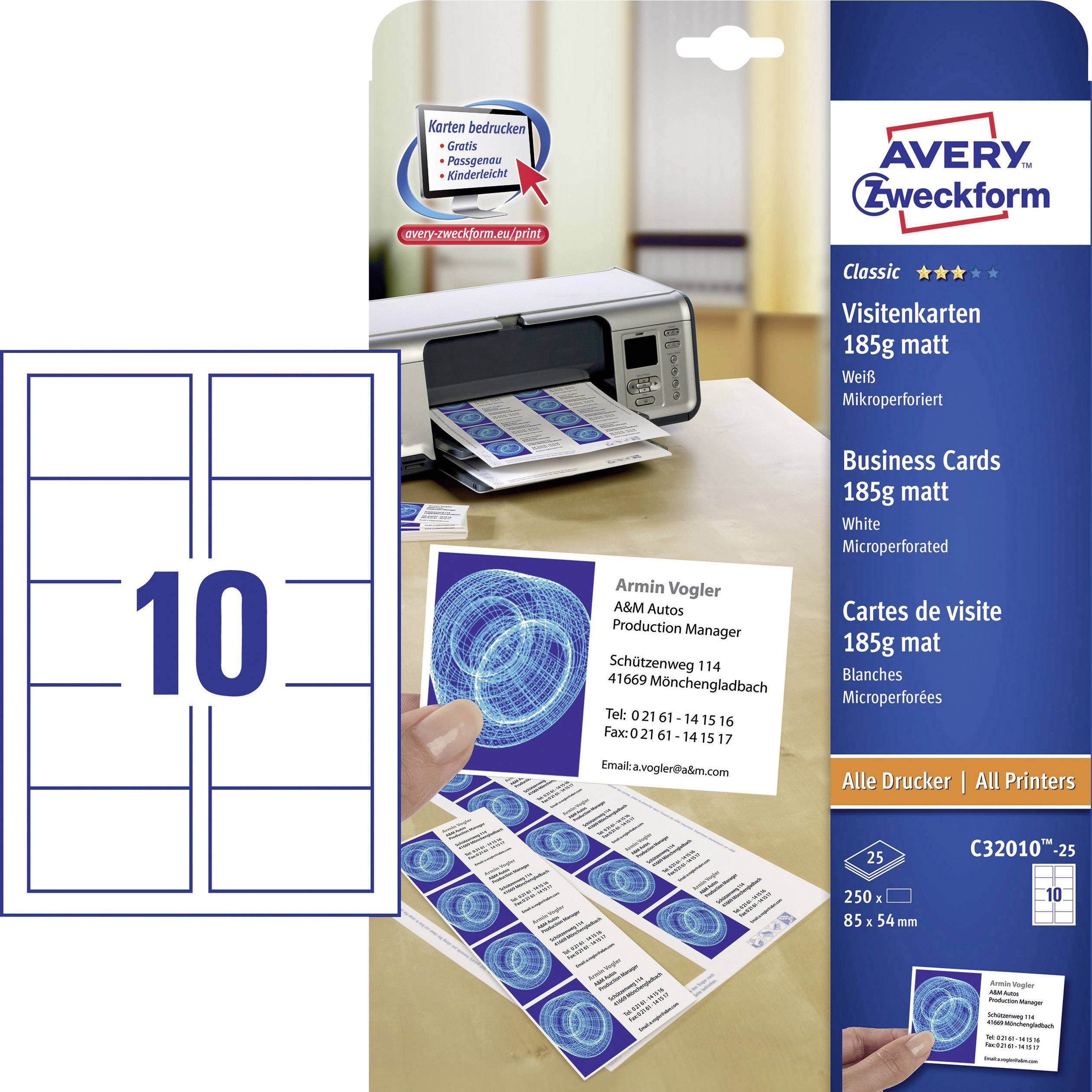 'Confezione per biglietti da visita Avery Zweckform, 185g/m², 10 carte per foglio, adatte a tutti i tipi di stampanti. Esempio di carta stampata.'