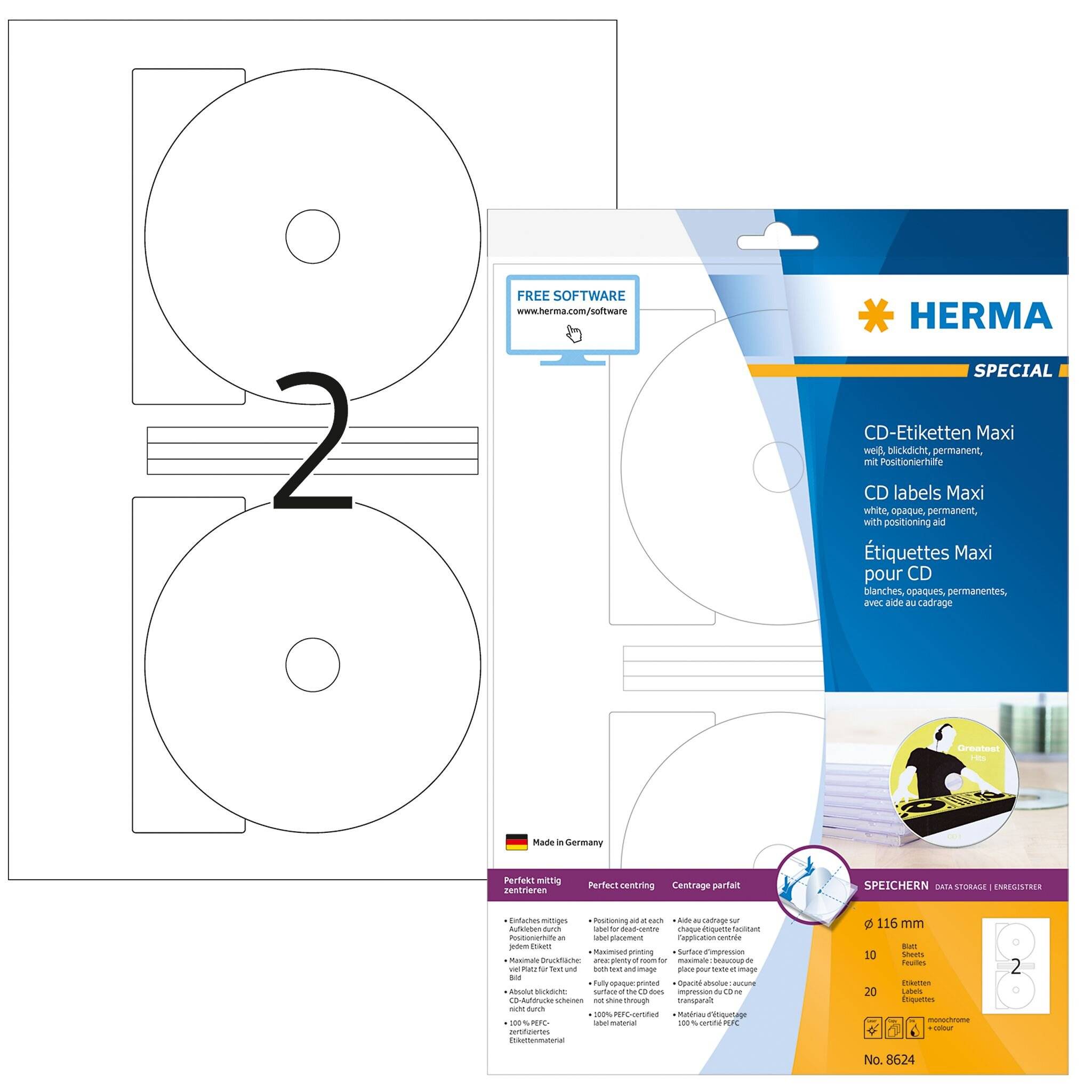 HERMA CD-Etiketten Maxi A4 Ø 116 mm weiß Papier matt blickdicht 20 St. - Weiß - Selbstklebendes Druckeretikett - A4 - Pa-9