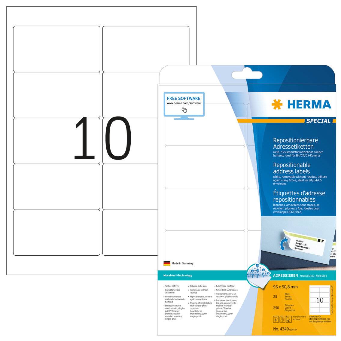 HERMA Special - Repositionable self-adhesive matte address paper labels - weiß - 96 x 50,8 mm - 250 Etikett(en) (25 Boge-1
