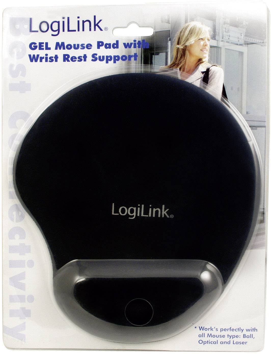 'LogiLink' Tappetino per mouse in gel con poggiapolsi. La confezione mostra l'immagine di una persona sorridente. Favorisce il comfort durante il lavoro al computer.