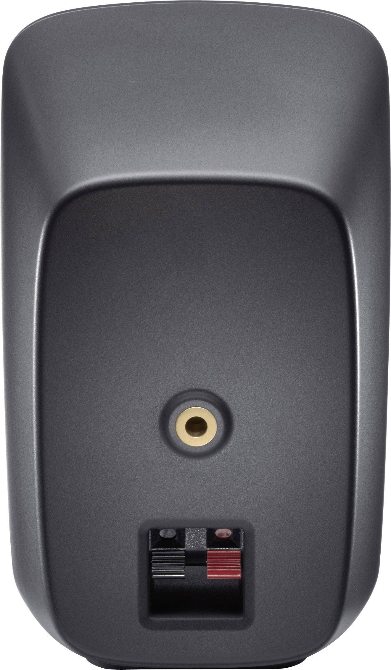 Parte posteriore nera di un altoparlante con connettori per cavi audio in rosso e nero, e un connettore rotondo in alto.