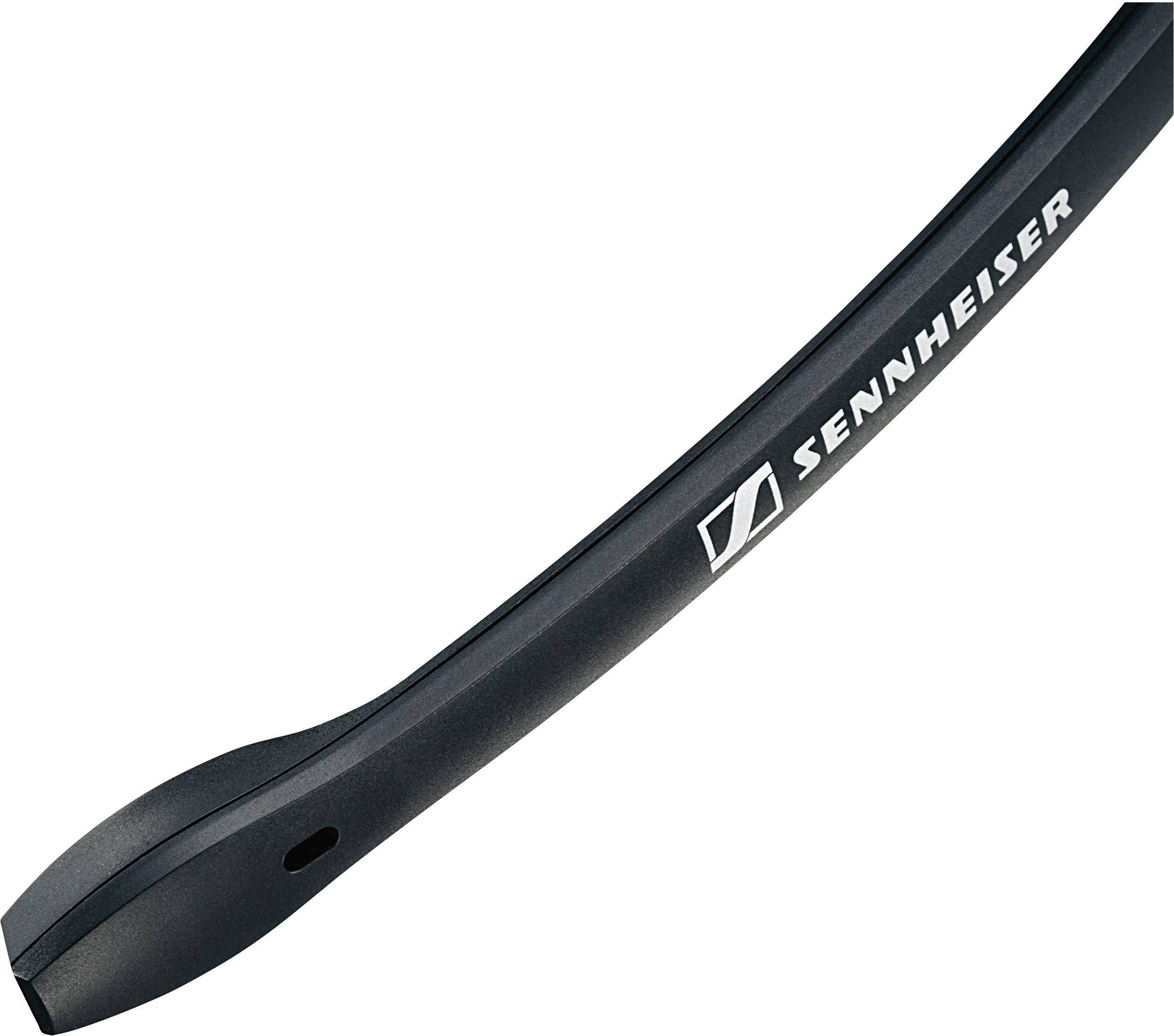Asta del microfono Sennheiser, nero, con logo bianco distintivo e linee chiare, adatta per cuffie.