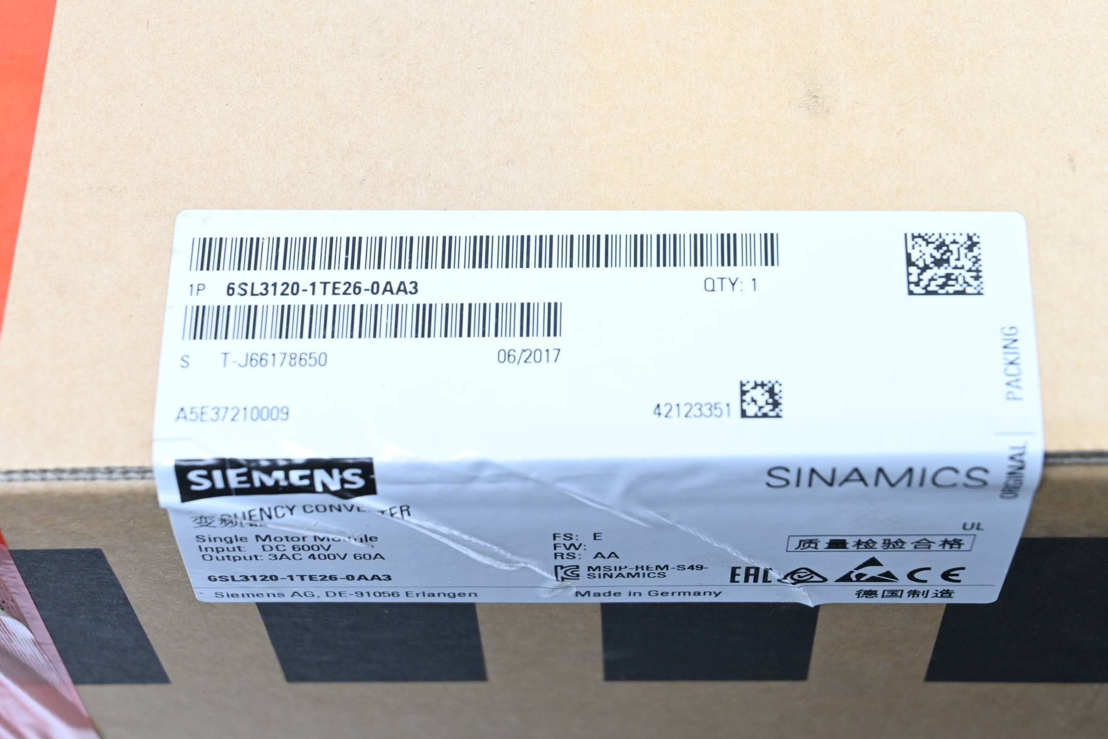 Componente di ricambio SINAMICS S120 Modulo motore singolo Ingresso: CC 600V Uscita: 3AC 400V, 60A-2