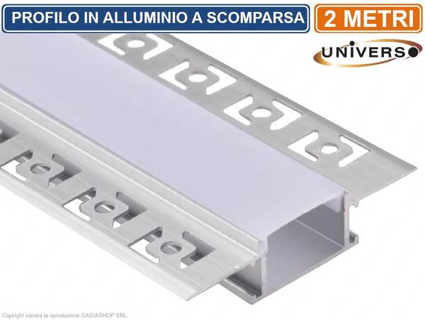 PROFILO IN ALLUMINIO A SCOMPARSA PER STRISCE LED LUNGHEZZA PROFILO 2 METRI