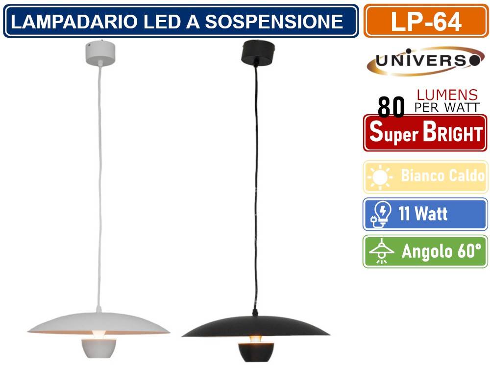 LAMPADARIO LED A SOSPENSIONE MODERNO 11W 880 LUMEN COLORE BIANCO - NERO IP20 - COLORE: NERO-0
