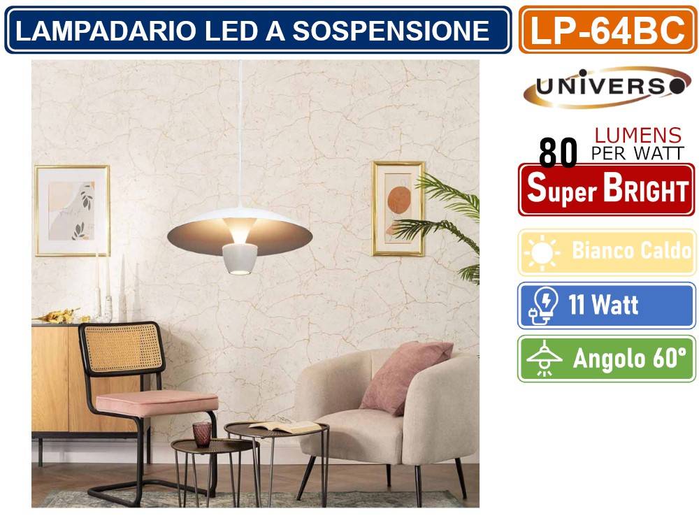 LAMPADARIO LED A SOSPENSIONE MODERNO 11W 880 LUMEN COLORE BIANCO - NERO IP20 - COLORE: NERO-3