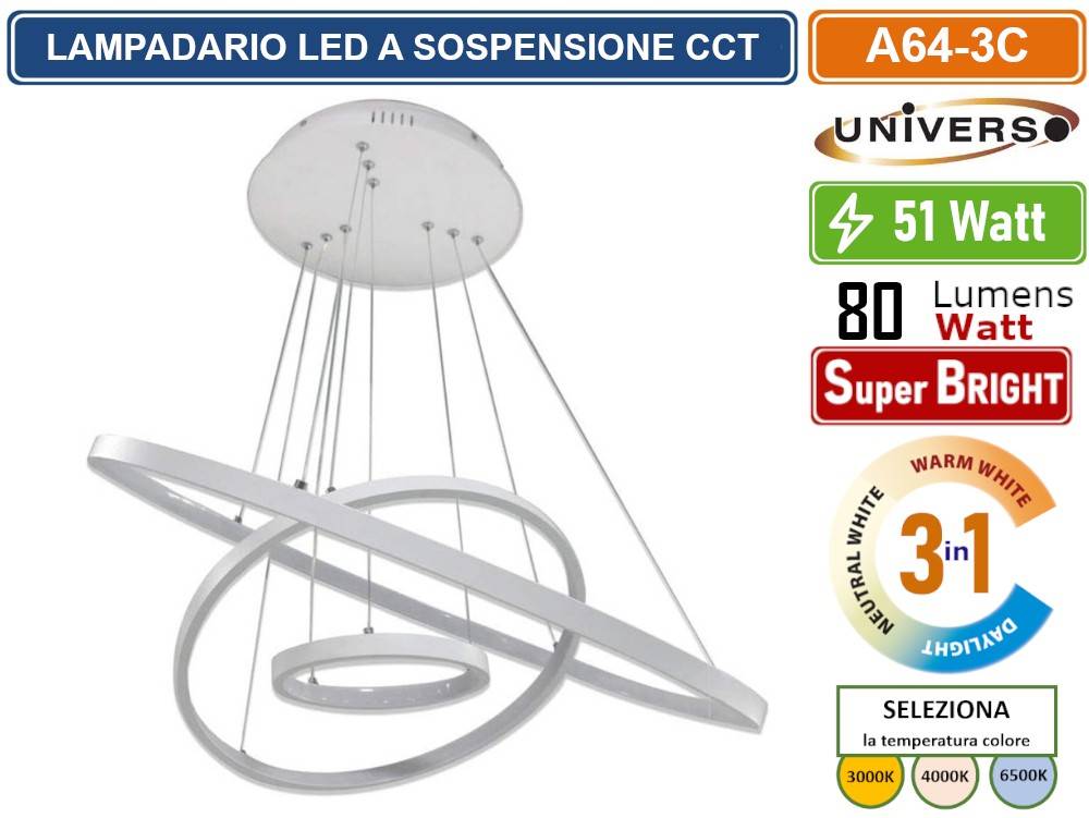 UNIVERSO A64-3C LAMPADARIO LED A SOSPENSIONE 51W SMD COLORE BIANCO CCT COLORE LUCE SELEZIONABILE 3000K 4000K 6500K-0