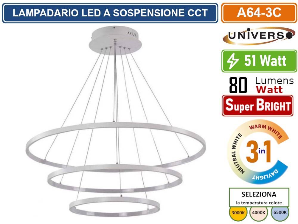 UNIVERSO A64-3C LAMPADARIO LED A SOSPENSIONE 51W SMD COLORE BIANCO CCT COLORE LUCE SELEZIONABILE 3000K 4000K 6500K-1