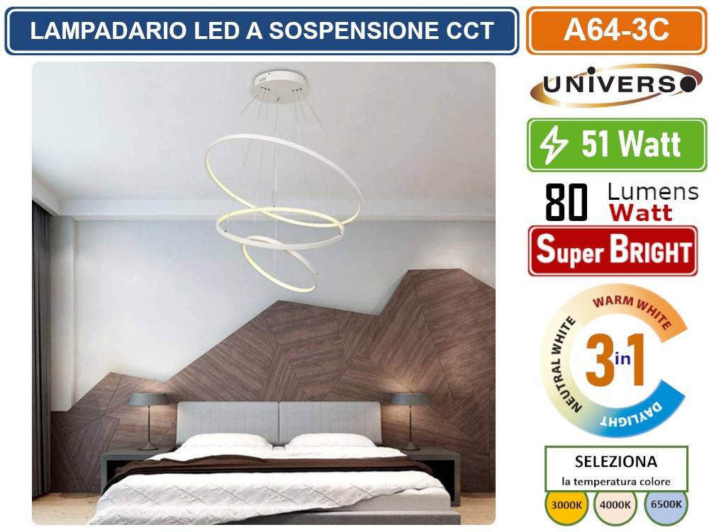 UNIVERSO A64-3C LAMPADARIO LED A SOSPENSIONE 51W SMD COLORE BIANCO CCT COLORE LUCE SELEZIONABILE 3000K 4000K 6500K-2