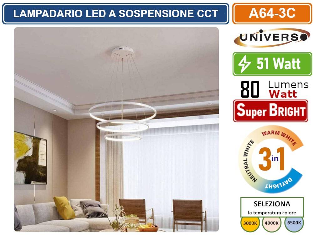 UNIVERSO A64-3C LAMPADARIO LED A SOSPENSIONE 51W SMD COLORE BIANCO CCT COLORE LUCE SELEZIONABILE 3000K 4000K 6500K-3