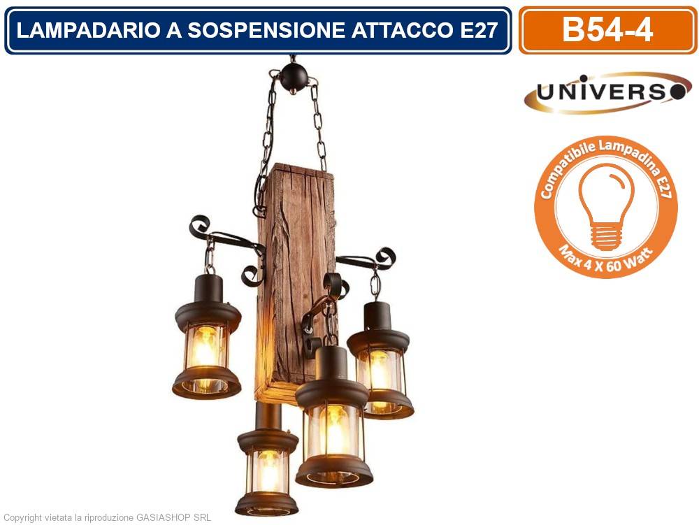 LAMPADARIO A SOSPENSIONE RUSTICO INDUSTRIAL CON 4 LANTERNE ATTACCO E27 LEGNO E METALLO B54-4-0
