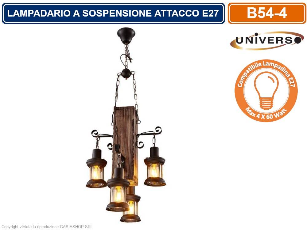 LAMPADARIO A SOSPENSIONE RUSTICO INDUSTRIAL CON 4 LANTERNE ATTACCO E27 LEGNO E METALLO B54-4-1