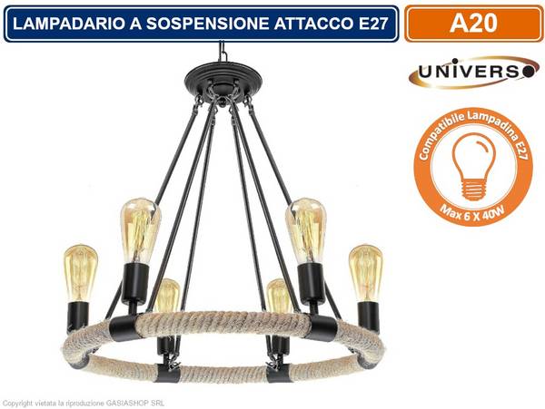 LAMPADARIO A SOSPENSIONE COUTRY RUSTICO IN CORDA DI FORMA CIRCOLARE CON 6 ATTACCHI E27