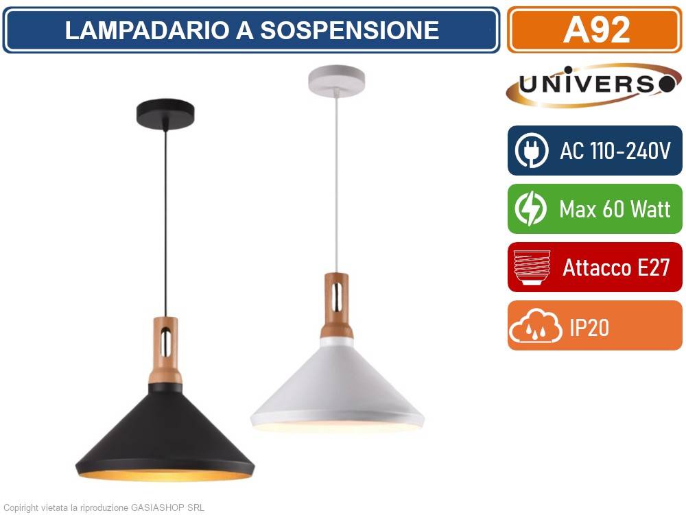 UNIVERSO A92 LAMPADARIO IN METALLO A CAMPANA CON PORTALAMPADA PER LAMPADINE E27 - COLORE: NERO-0