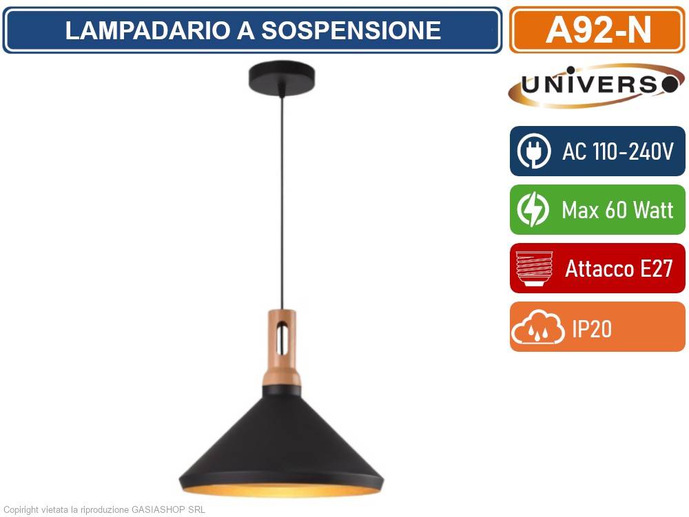 UNIVERSO A92 LAMPADARIO IN METALLO A CAMPANA CON PORTALAMPADA PER LAMPADINE E27 - COLORE: NERO-4