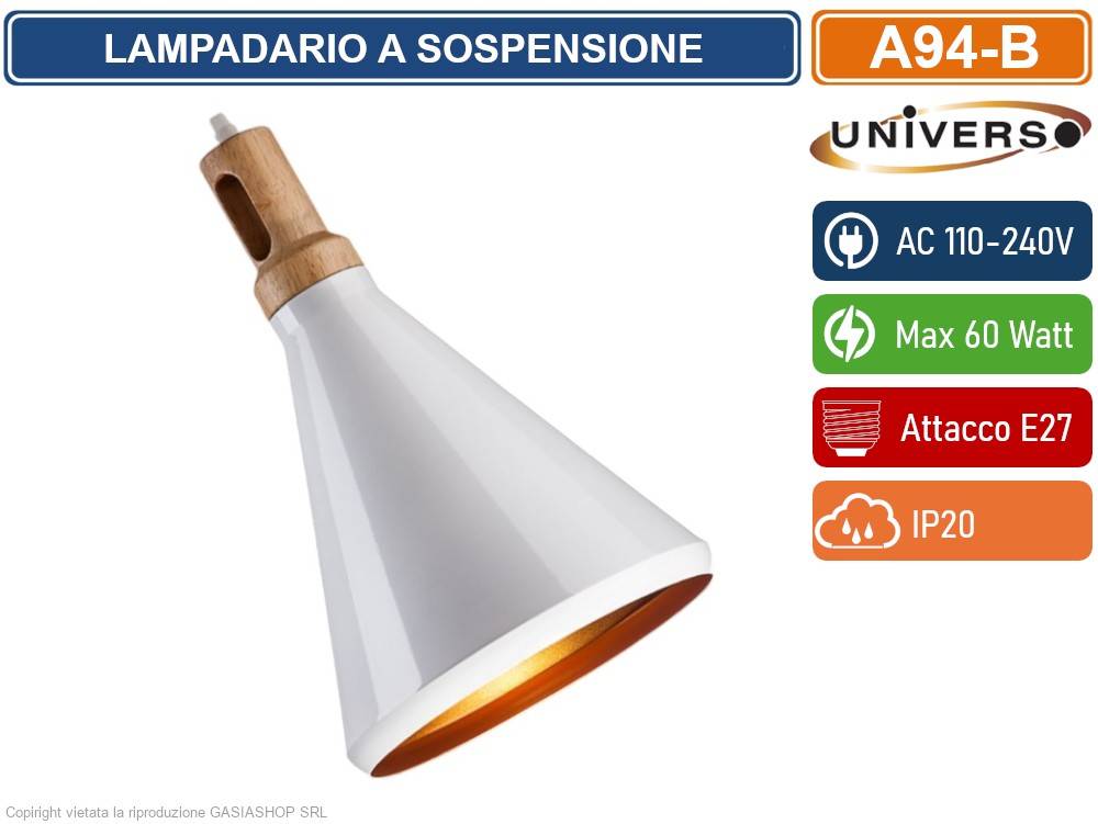UNIVERSO A94 LAMPADARIO IN METALLO A CAMPANA CON PORTALAMPADA PER LAMPADINE E27 - COLORE: BIANCO-2