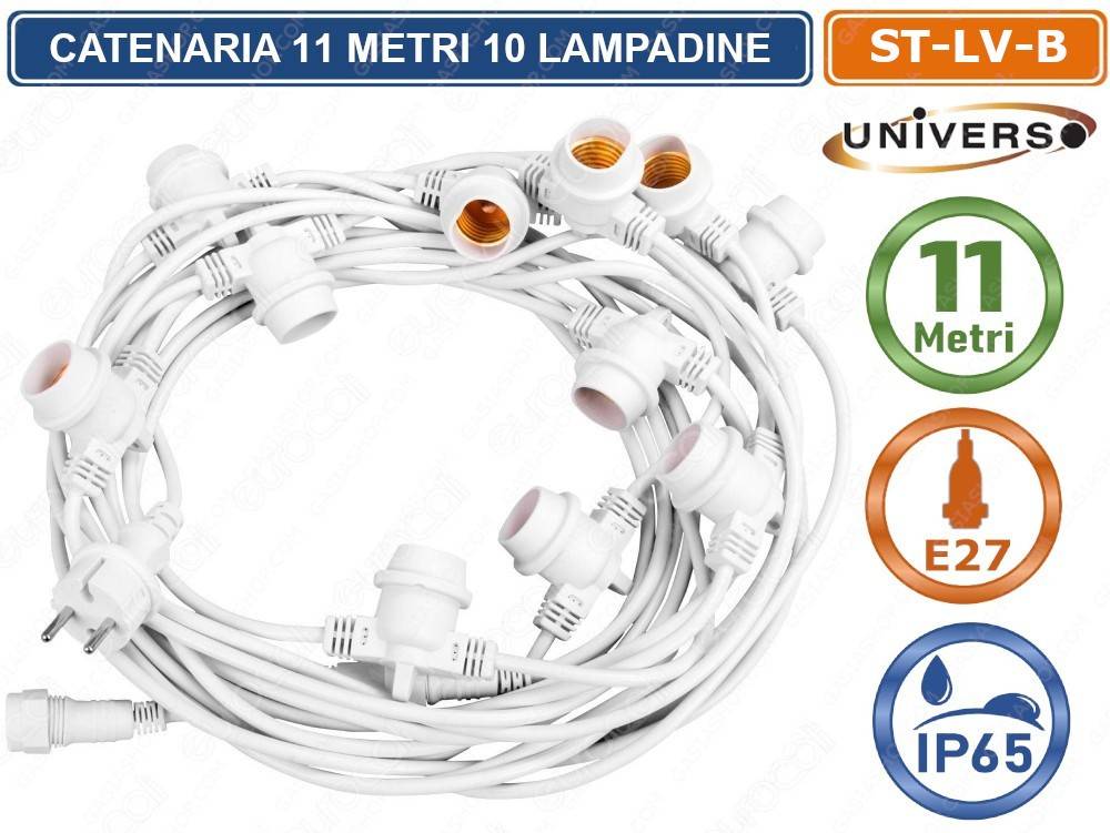 CATENA CATENARIA LUMINOSA 11 METRI BIANCA PER 10 LAMPADINE LED E27 PER ESTERNO IP65-0