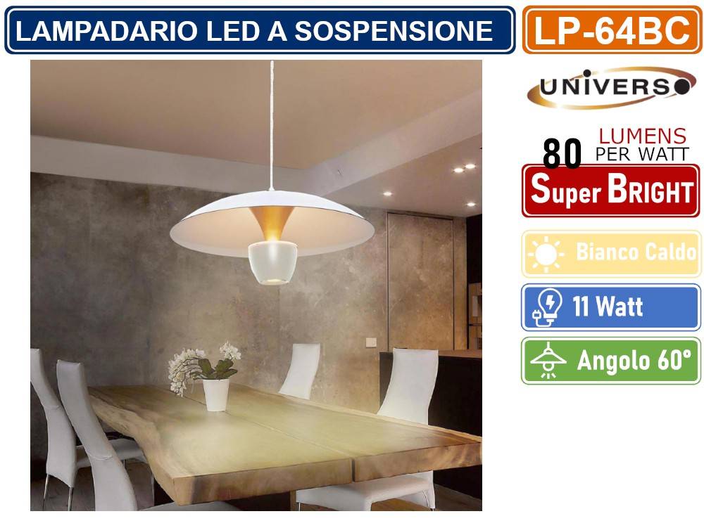 LAMPADARIO LED A SOSPENSIONE MODERNO 11W 880 LUMEN COLORE BIANCO - NERO IP20 - COLORE: BIANCO-2