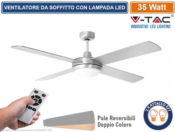 V-TAC VT-6054-4 VENTILATORE DA SOFFITTO 35W CON PORTALAMPADA PER LAMPADINE LED E27 E TELECOMANDO