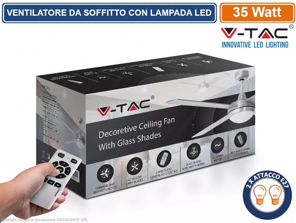 V-TAC VT-6054-4 VENTILATORE DA SOFFITTO 35W CON PORTALAMPADA PER LAMPADINE LED E27 E TELECOMANDO-1