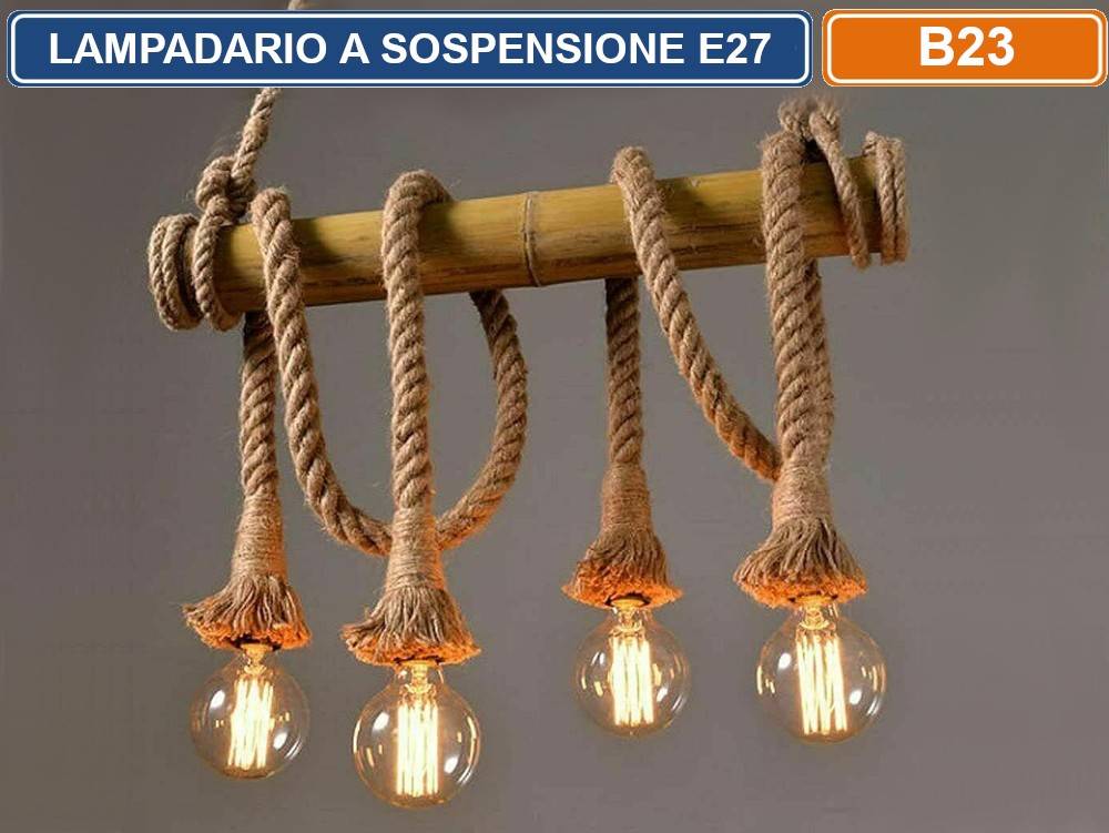 LAMPADARIO A SOSPENSIONE COUNTRY IN CORDA CANAPA BAMBU 4 ATTACCHI E27 160W-0