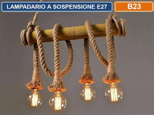 LAMPADARIO A SOSPENSIONE COUNTRY IN CORDA CANAPA BAMBU 4 ATTACCHI E27 160W