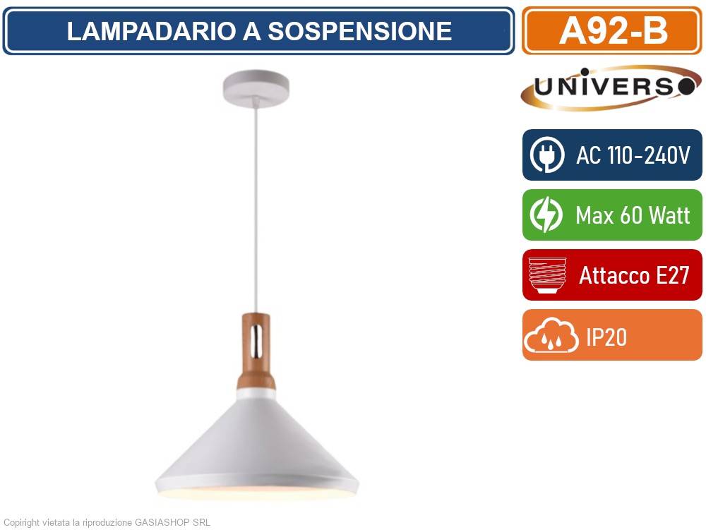 UNIVERSO A92 LAMPADARIO IN METALLO A CAMPANA CON PORTALAMPADA PER LAMPADINE E27 - COLORE: BIANCO-2