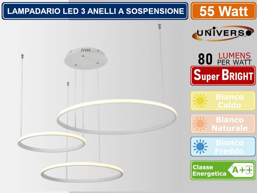 LAMPADARIO LED A SOSPENSIONE MODERNO CON 3 ANELLI ASIMMETRICI CON FINITURABIANCA 55W - COLORE LUCE: BIANCO CALDO-0