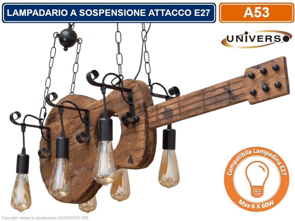 LAMPADARIO A SOSPENSIONE COUTRY RUSTICO IN LEGNO A FORMA DI CHITARRA CON 6 ATTACCHI E27-0