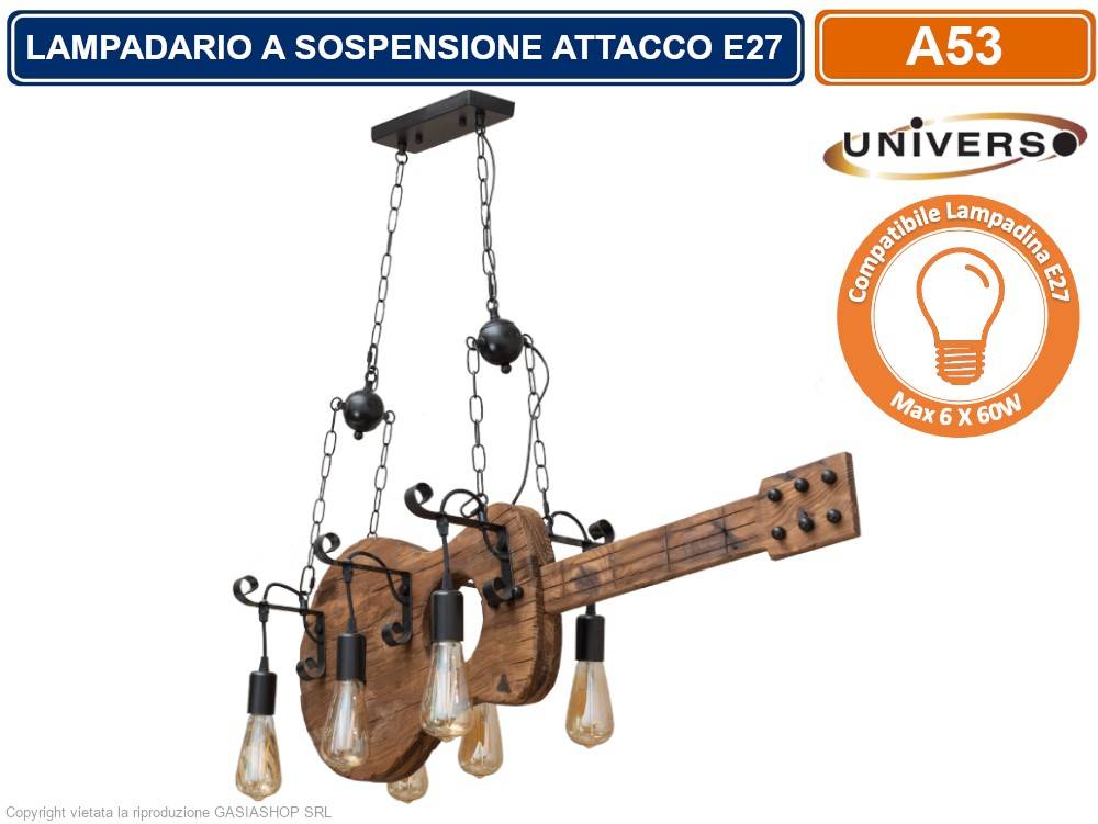 LAMPADARIO A SOSPENSIONE COUTRY RUSTICO IN LEGNO A FORMA DI CHITARRA CON 6 ATTACCHI E27-1