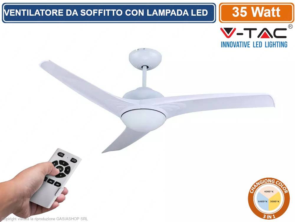 V-TAC VT-6055-3 VENTILATORE DA SOFFITTO 35W CON LAMPADA LED 15W 3IN1 CHANGING COLOR E TELECOMANDO-0