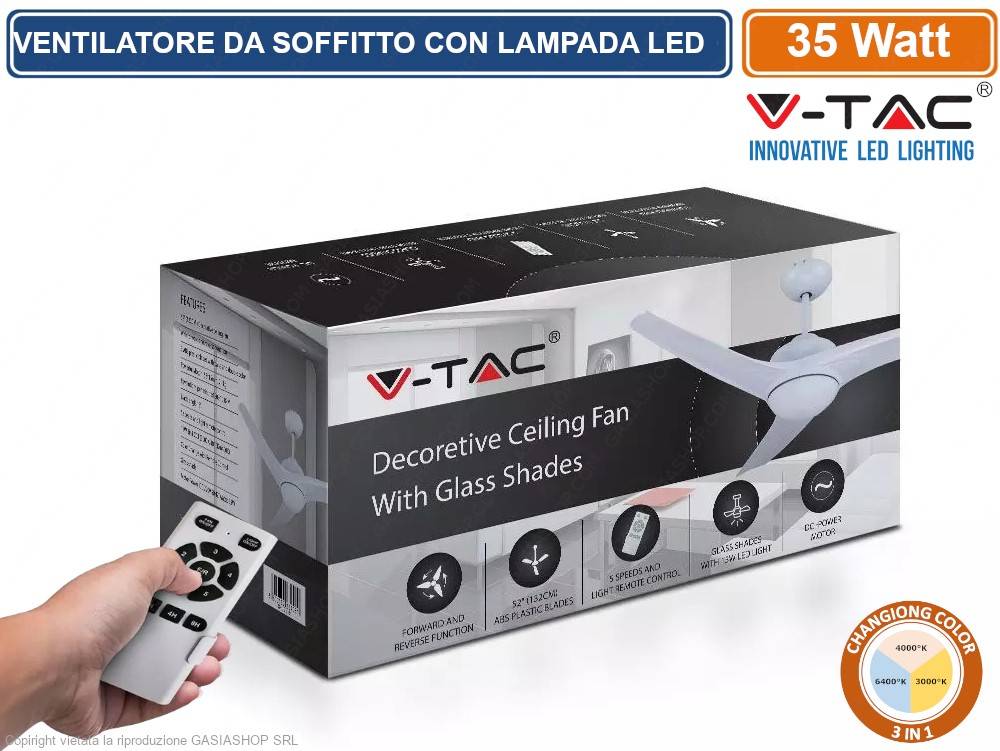 V-TAC VT-6055-3 VENTILATORE DA SOFFITTO 35W CON LAMPADA LED 15W 3IN1 CHANGING COLOR E TELECOMANDO-1