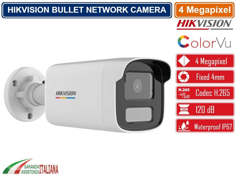HIKVISION DS-2CD1T47G0-L TELECAMERA BULLET NETWORK 4MP 4MM COLORVU HIKVISION WHITE LED VISIONE NOTTURNA 50 METRI IP67-0