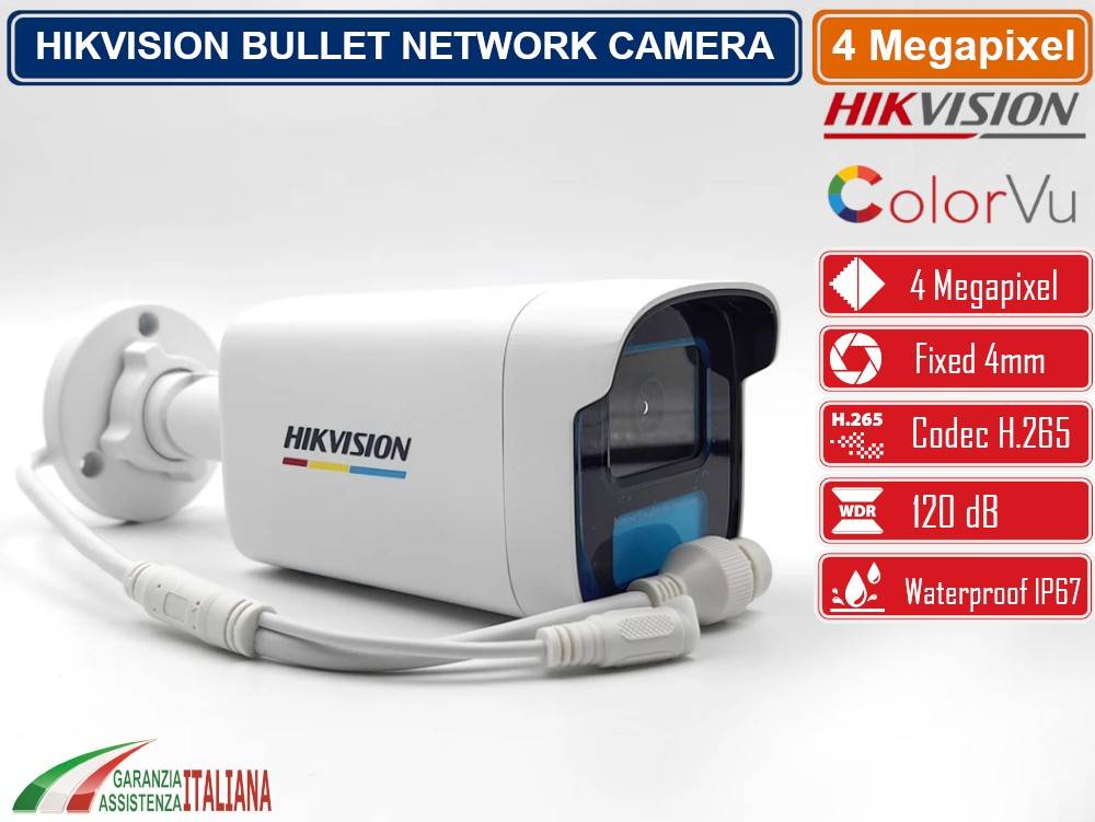 HIKVISION DS-2CD1T47G0-L TELECAMERA BULLET NETWORK 4MP 4MM COLORVU HIKVISION WHITE LED VISIONE NOTTURNA 50 METRI IP67-1