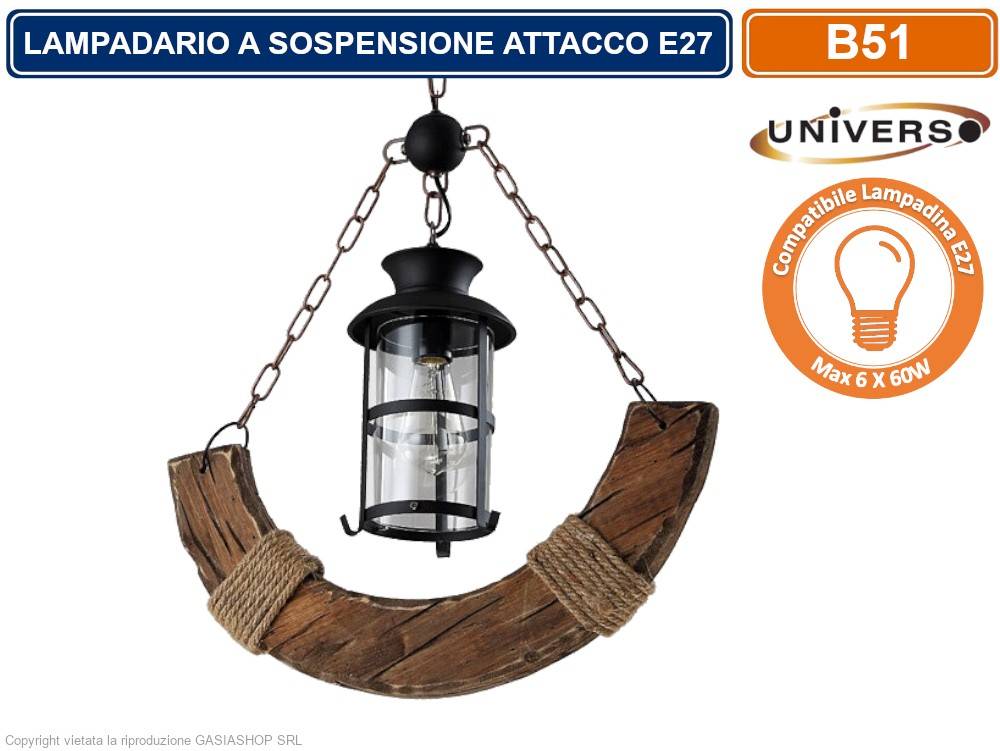 LAMPADARIO A SOSPENSIONE COUTRY RUSTICO IN LEGNO CON LANTERNA ATTACCO E27-0