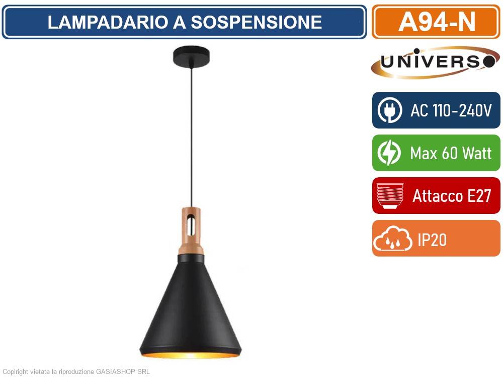 UNIVERSO A94 LAMPADARIO IN METALLO A CAMPANA CON PORTALAMPADA PER LAMPADINE E27 - COLORE: NERO-4