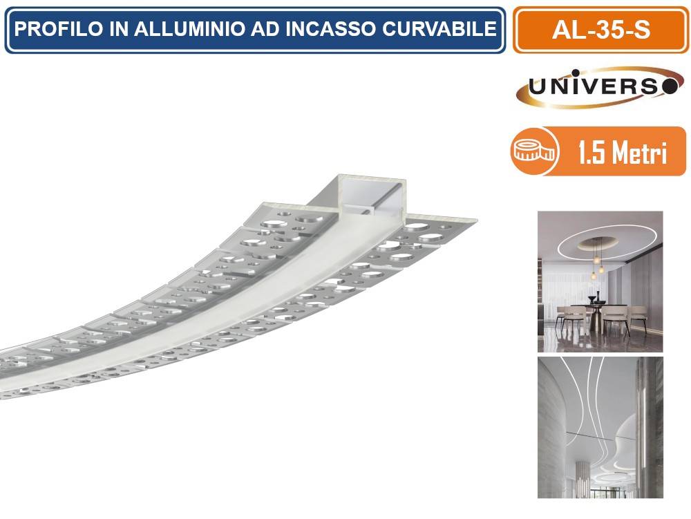 UNIVERSO AL-35-S PROFILO IN ALLUMINIO FLESSIBILE E CURVABILE AD INCASSO 1,5 METRI PER STRIP LED MAX 12.6MM-0