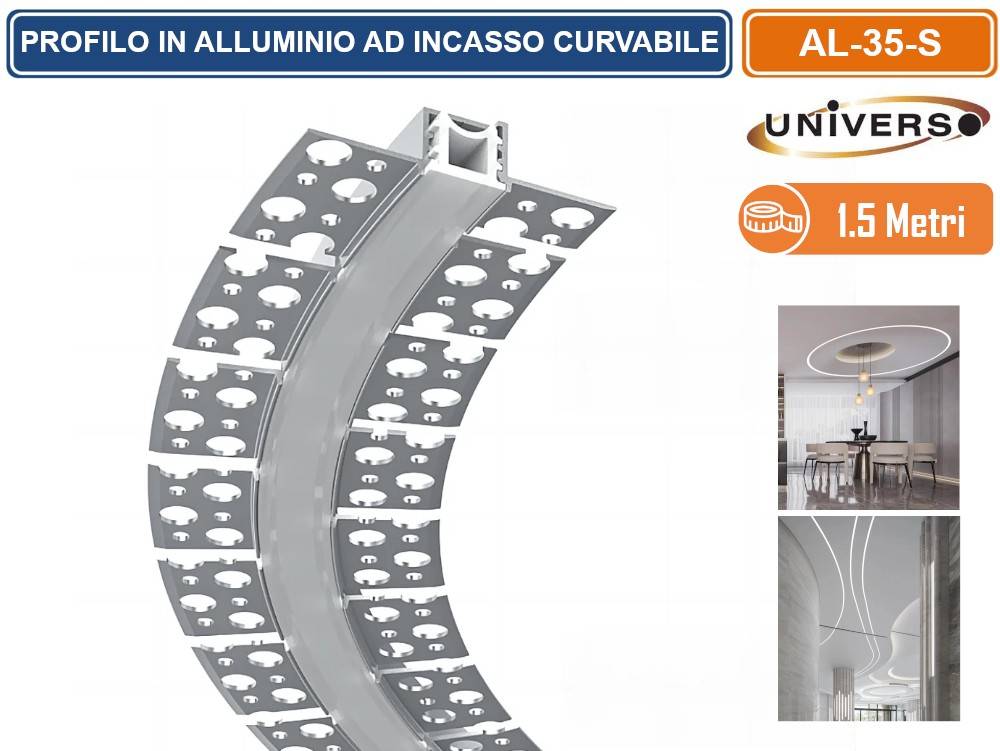 UNIVERSO AL-35-S PROFILO IN ALLUMINIO FLESSIBILE E CURVABILE AD INCASSO 1,5 METRI PER STRIP LED MAX 12.6MM-1