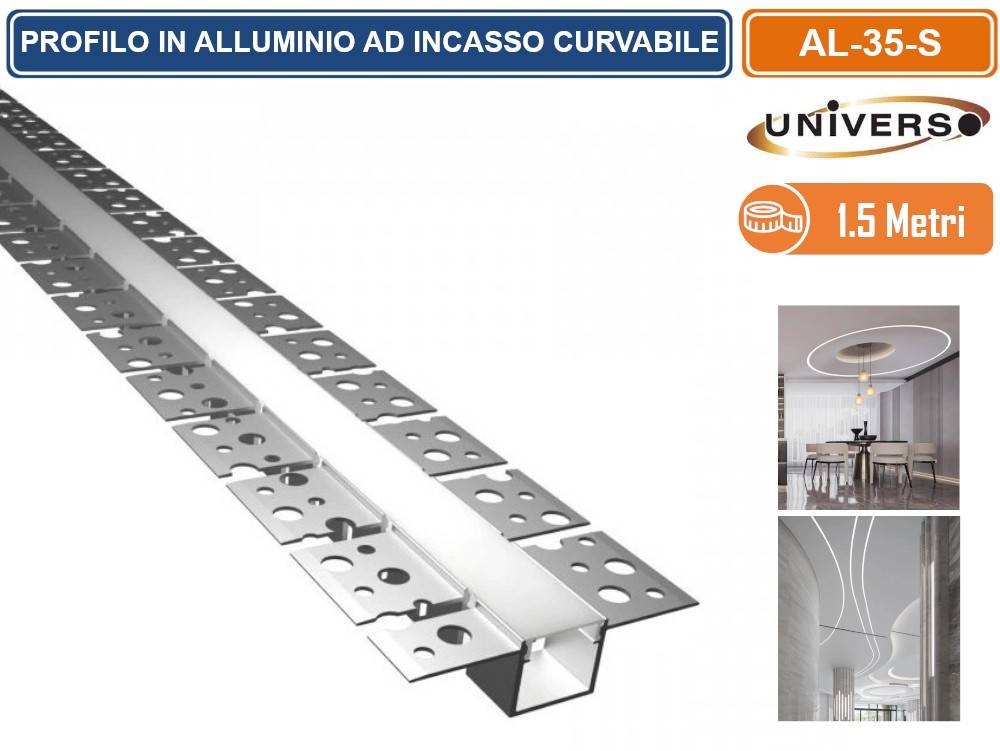 UNIVERSO AL-35-S PROFILO IN ALLUMINIO FLESSIBILE E CURVABILE AD INCASSO 1,5 METRI PER STRIP LED MAX 12.6MM-2