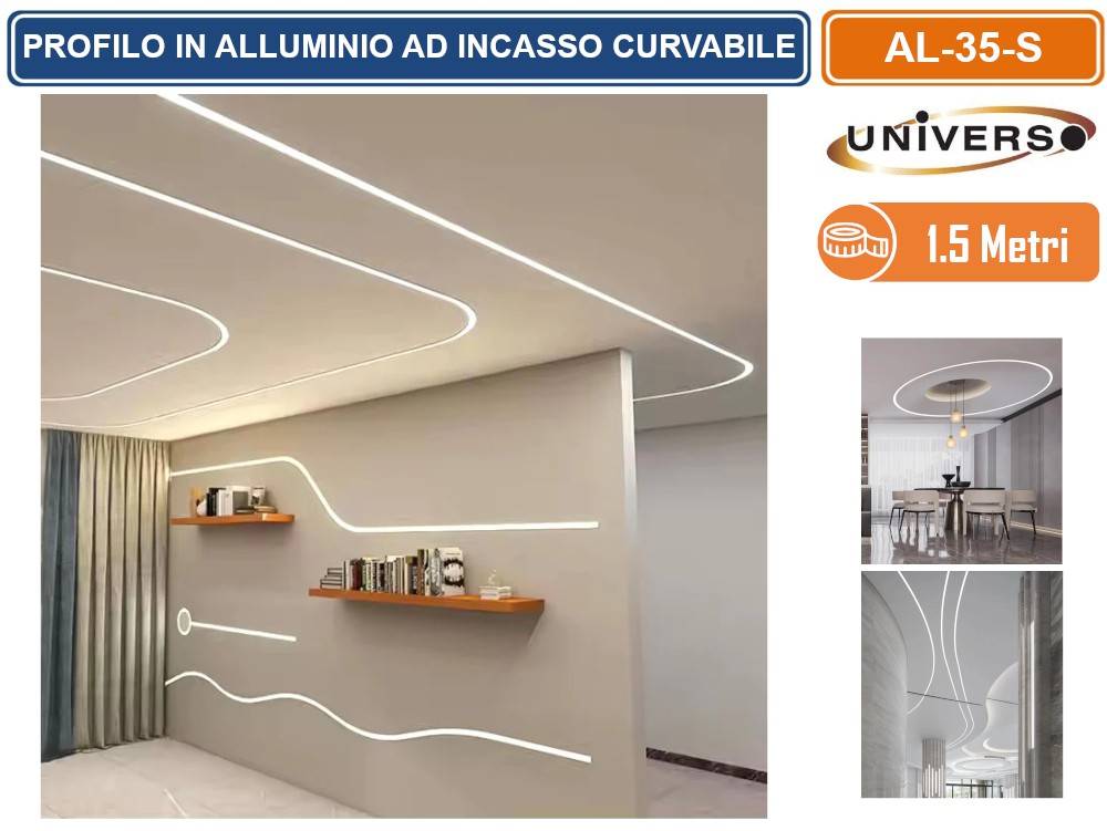 UNIVERSO AL-35-S PROFILO IN ALLUMINIO FLESSIBILE E CURVABILE AD INCASSO 1,5 METRI PER STRIP LED MAX 12.6MM-3