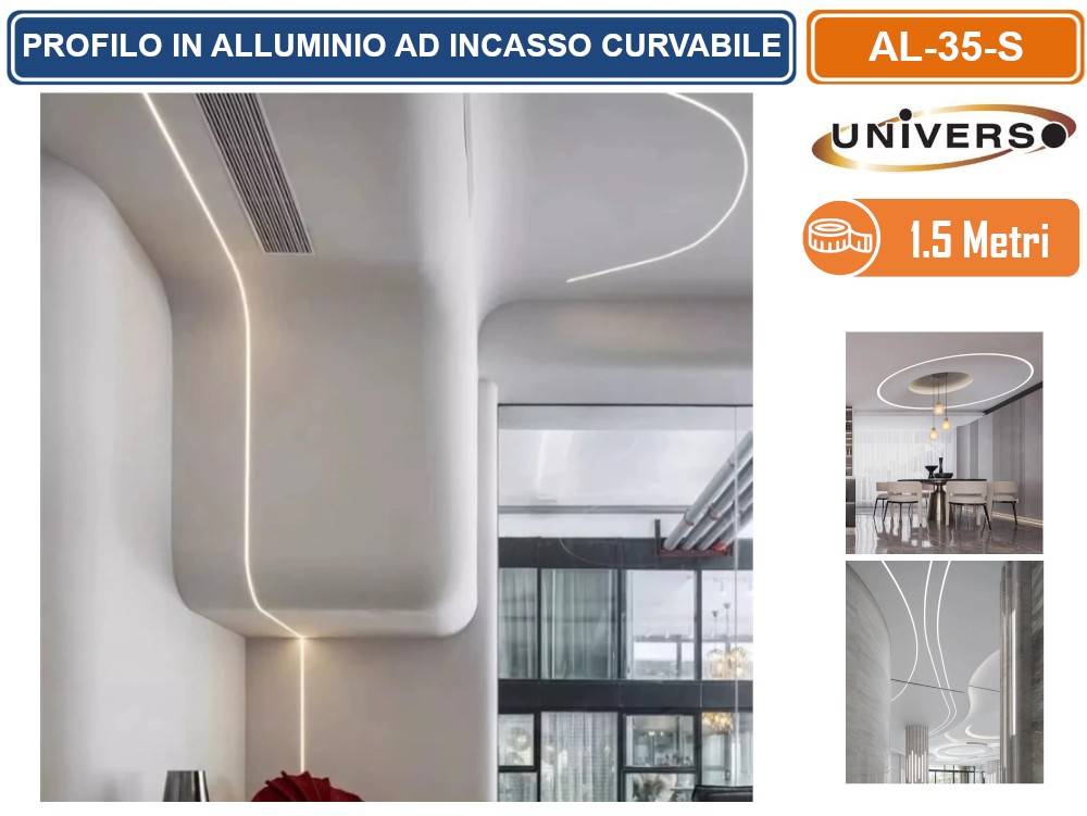 UNIVERSO AL-35-S PROFILO IN ALLUMINIO FLESSIBILE E CURVABILE AD INCASSO 1,5 METRI PER STRIP LED MAX 12.6MM-4